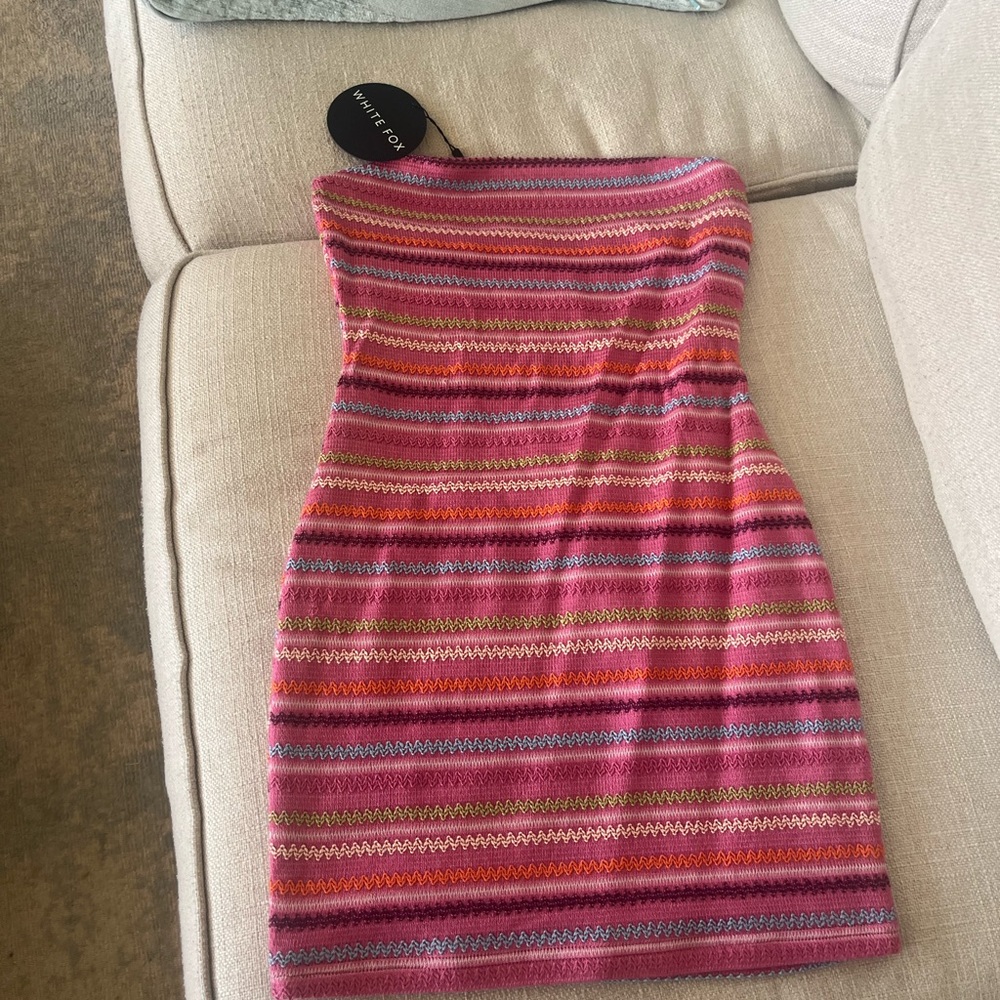 Striped Strapless Knit White Fox Mini Dress - Multicolor